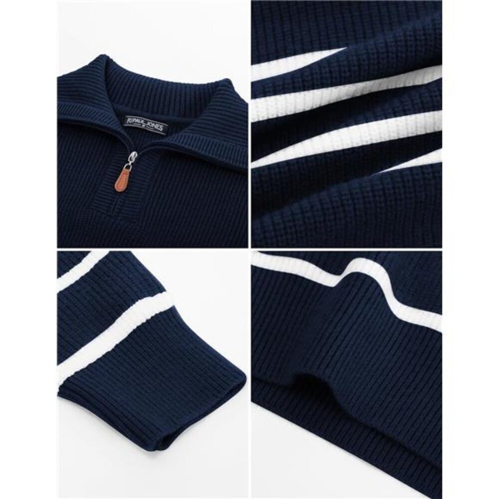 Men's Quarter Zip Sweater Striped Mock Neck Pullover Sweater - Picture 5 of 6